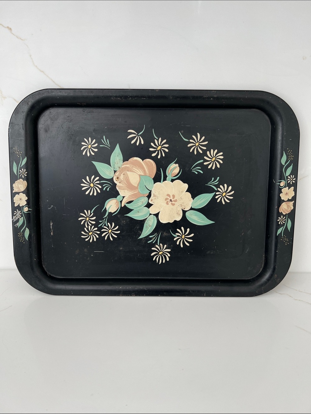 Vintage Black Floral Metal Tray